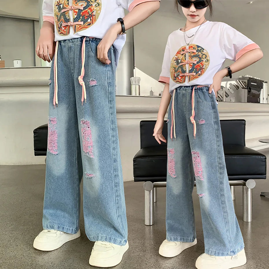 Casual Style Girls Big Hole Ripped Jeans for Spring Autumn childrensterritory
