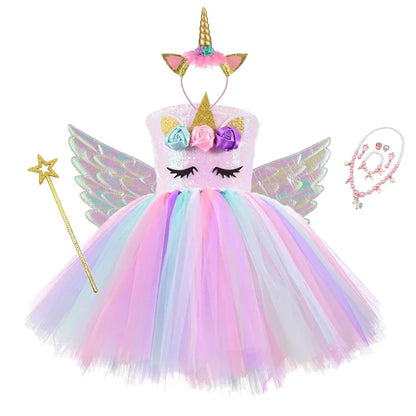 Kids Girls Unicorn Design LED Lights Sequin Tutu Dress for Halloween