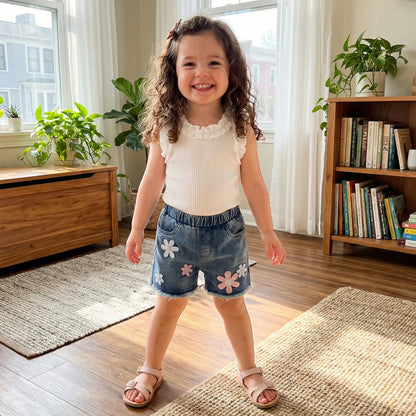 Baby Girl 2 Pcs Ruffled Sleeveless Tops with Denim Shorts Set