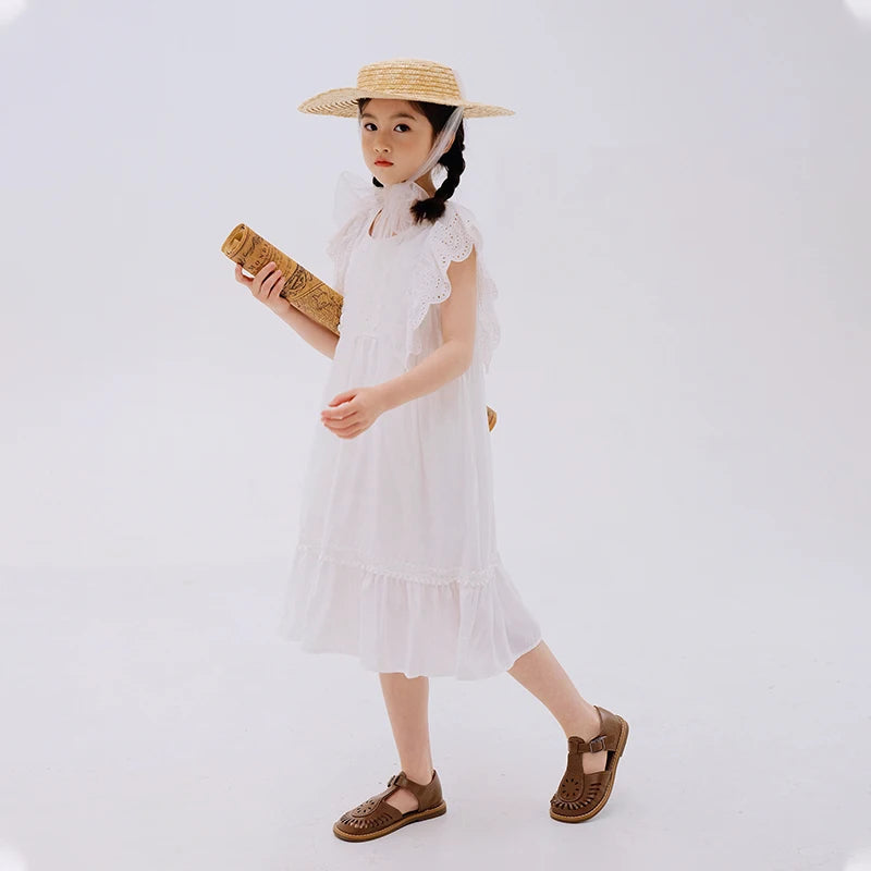 Lace Design Kids Girls Stylish Cotton Princess Dress for Summer