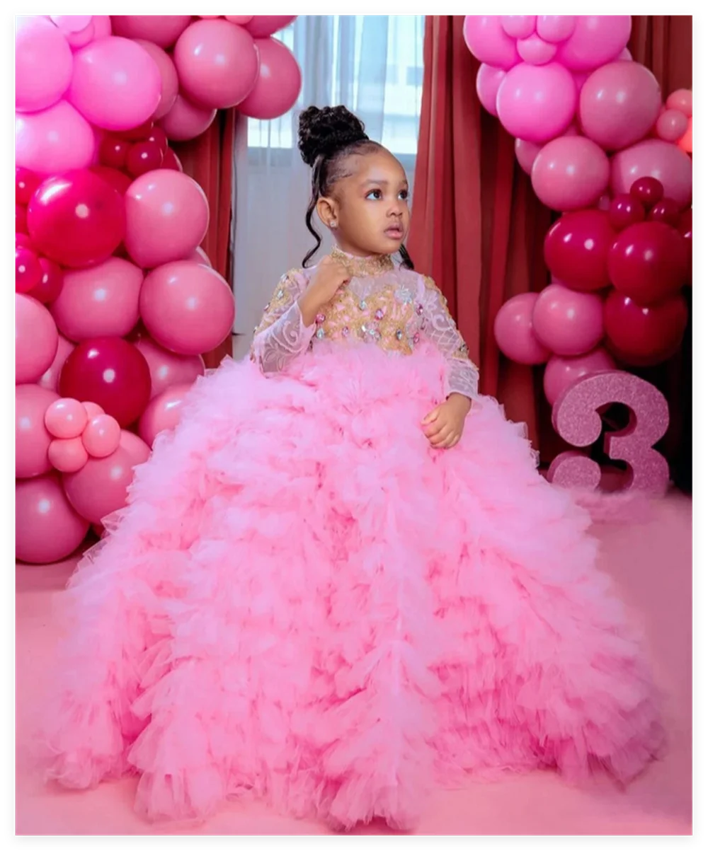 Multi-Tiered Tulle Pink First Communion Dress for Little Girls