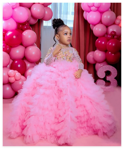 Multi-Tiered Tulle Pink First Communion Dress for Little Girls