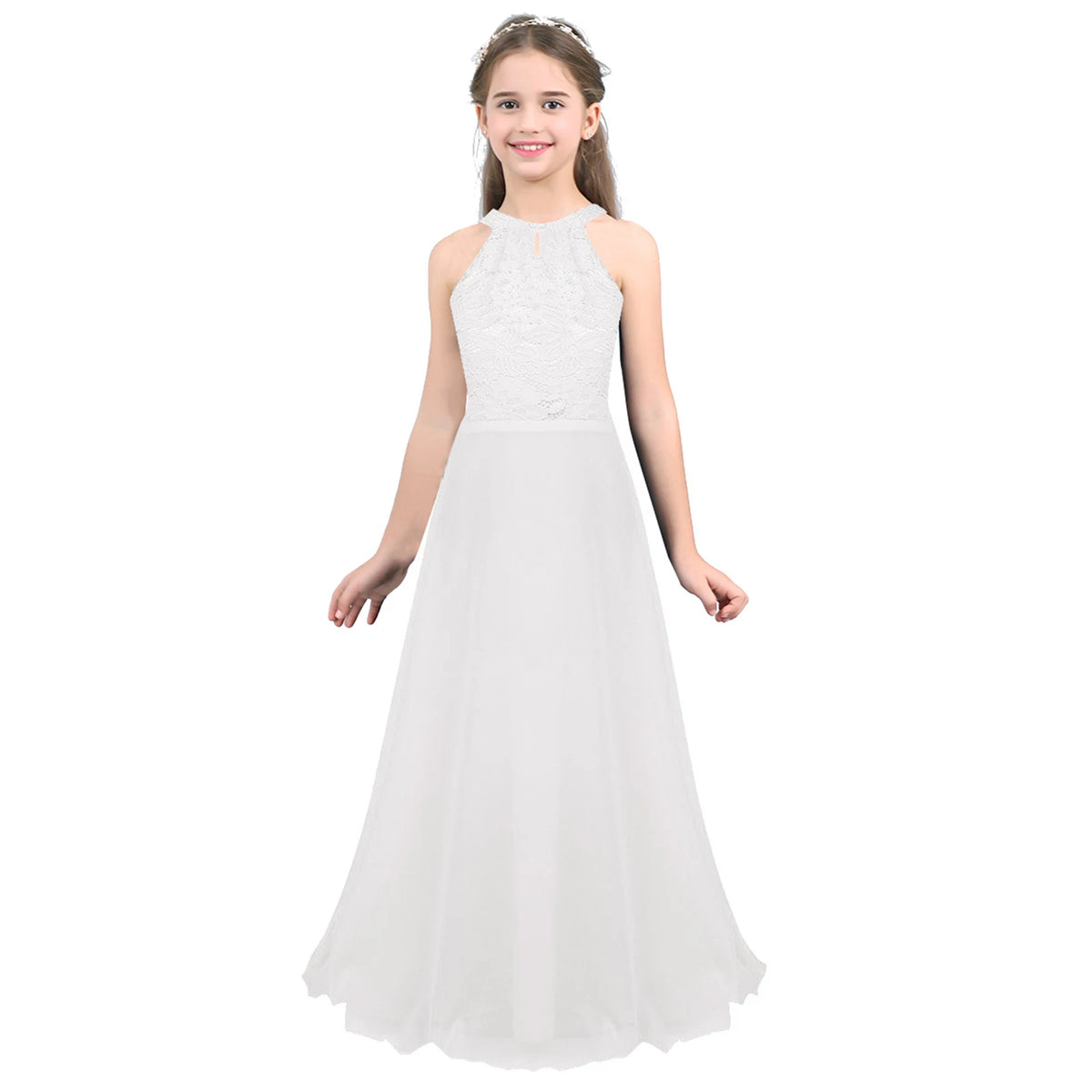 Kids Girls Halter Lace Design Chiffon Long Prom Ball Gowns childrensterritory