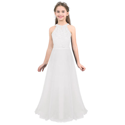 Kids Girls Halter Lace Design Chiffon Long Prom Ball Gowns childrensterritory