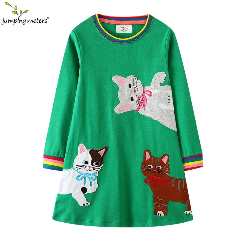 Kids Girls Cats Embroidery Birthday Frocks