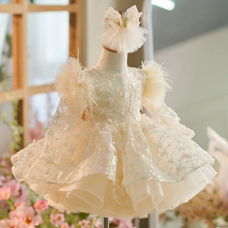 Girls Long Sleeves Butterfly Design Fluffy Party Dresses