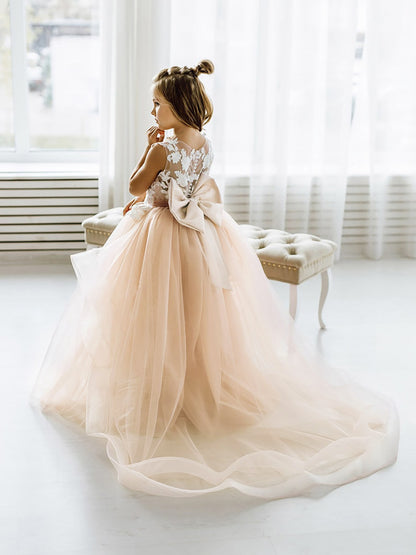 Kids Girls Backless Tutu Wedding Party Dresses with Long Train childrensterritory