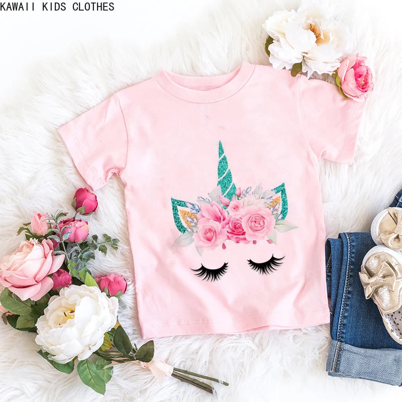 Unicorn Floral Cartoon Printed Girls Summer Tees childrensterritory
