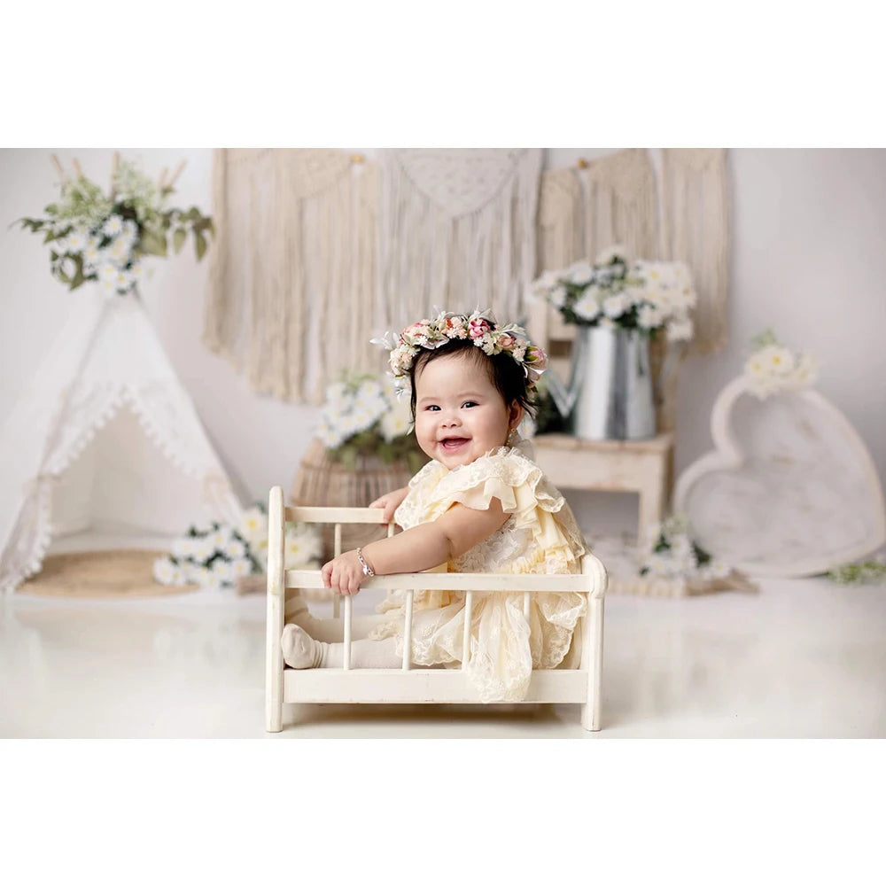White Tent Tassels Flowers Backdrop Prop for Baby Birthday childrensterritory