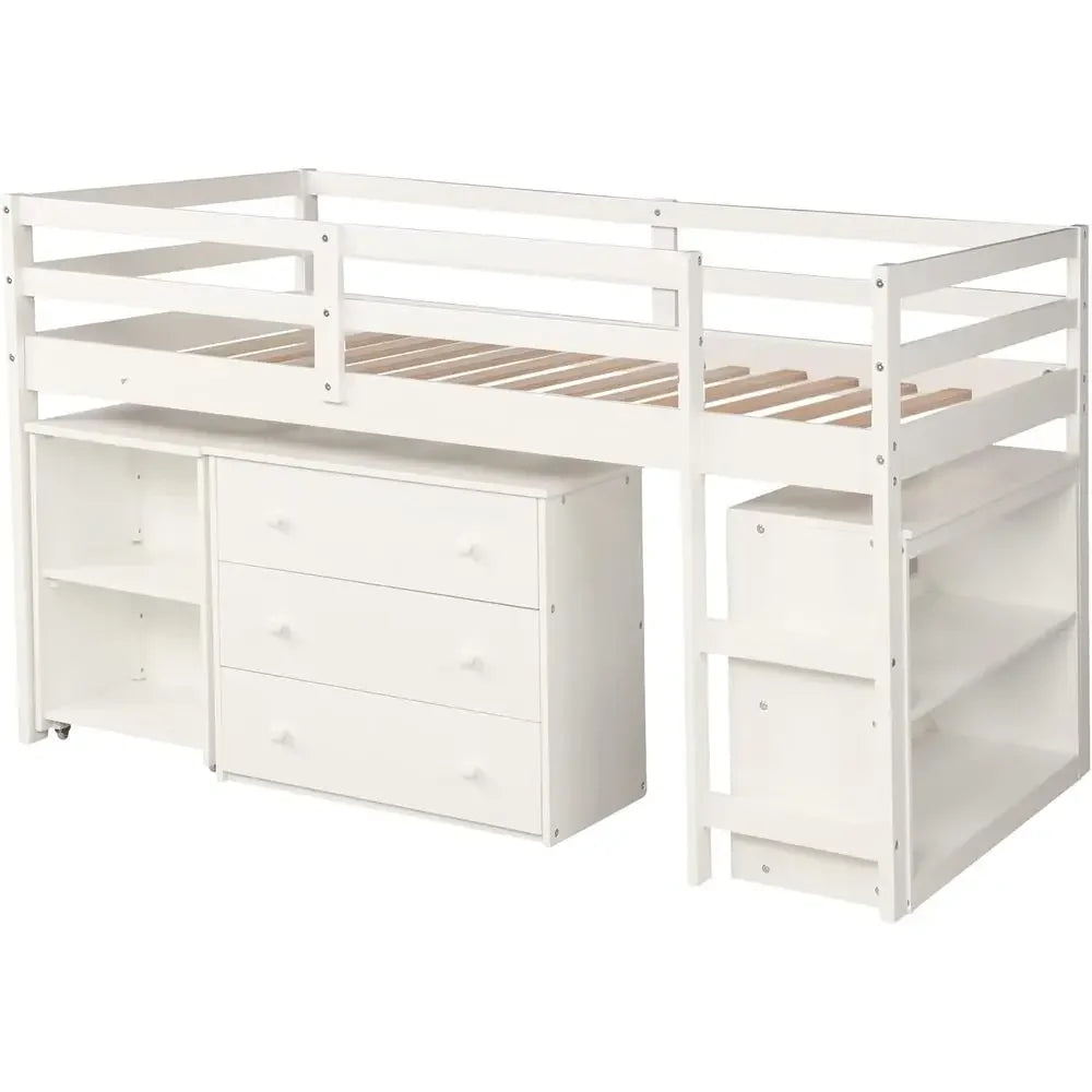 Portable Twin Loft Bed with Storage Cabinet for Kids