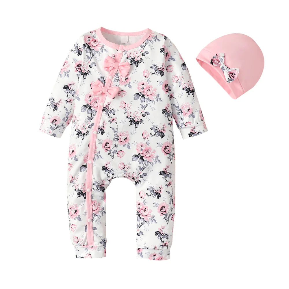 Baby Girl Long Sleeve Flower Bodysuit with Hat