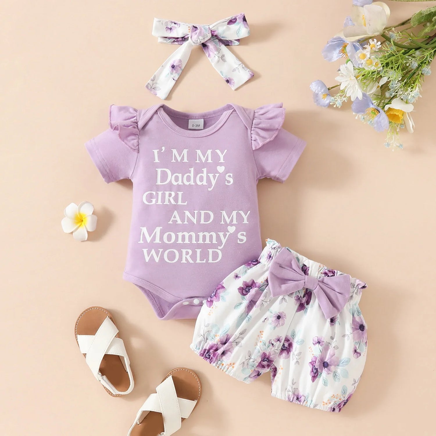 Letters Print Romper and Flower Shorts Set for Baby Girl