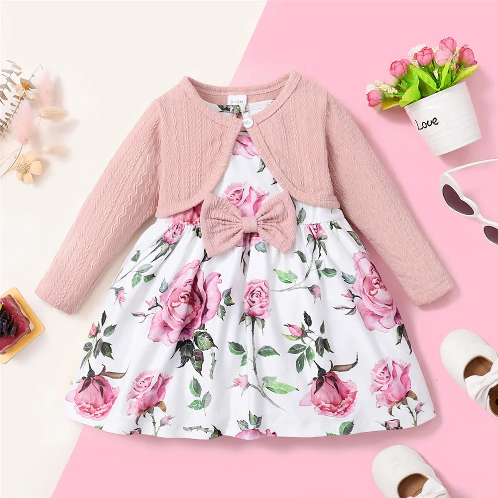 Baby Girl Party Wear Floral Dress with Ribbed Overcoat 2PCS Set childrensterritory