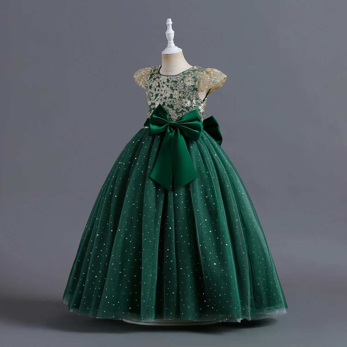 Girls' Embroidery Bow Lace Design Long Party Dresses