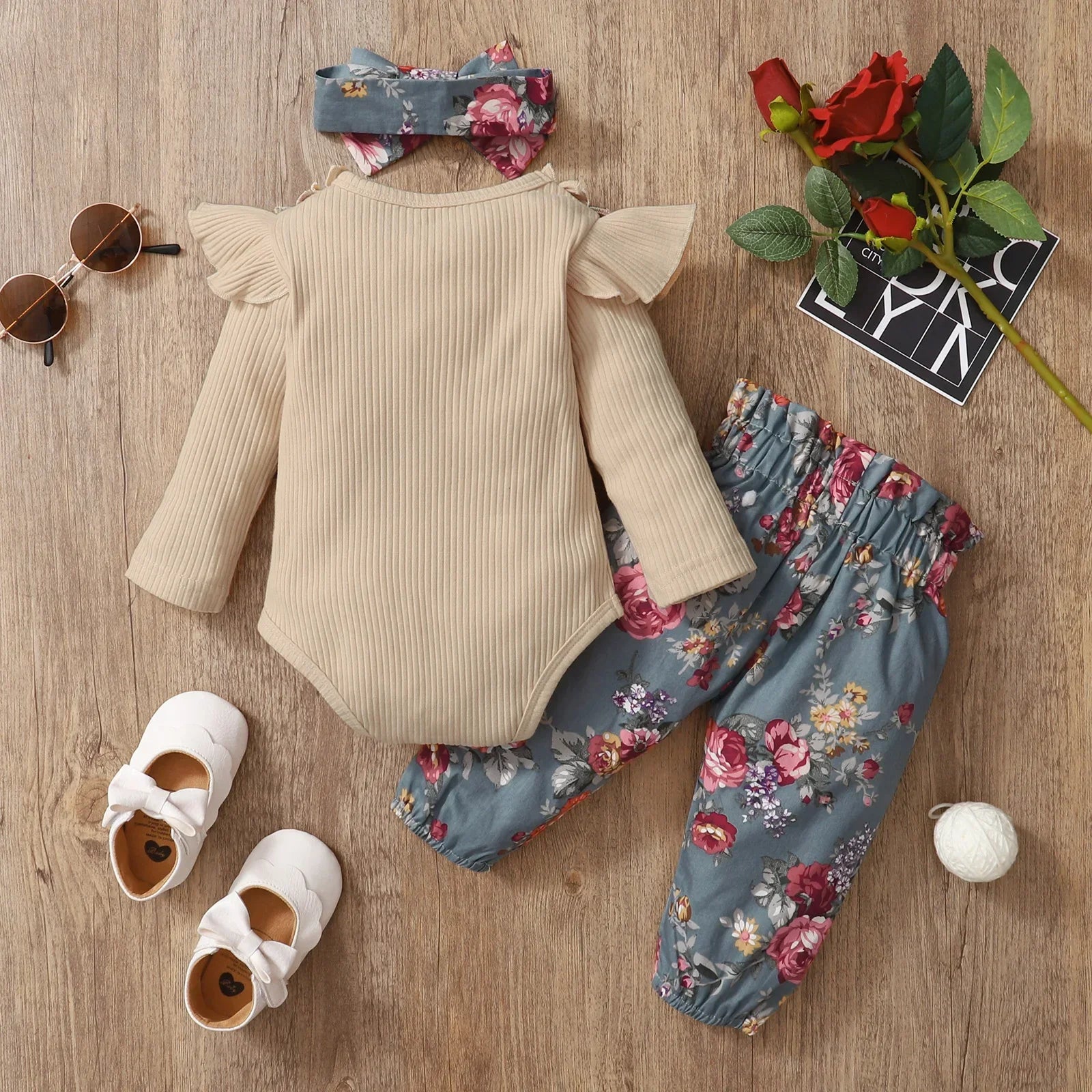 3Pcs Newborn Girl Bodysuit, Bow, Floral Pants Clothing Set childrensterritory