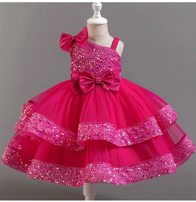 Kids Girls Sequins and Bow Design Birthday Party Flower Dresses