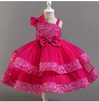 Kids Girls Sequins and Bow Design Birthday Party Flower Dresses