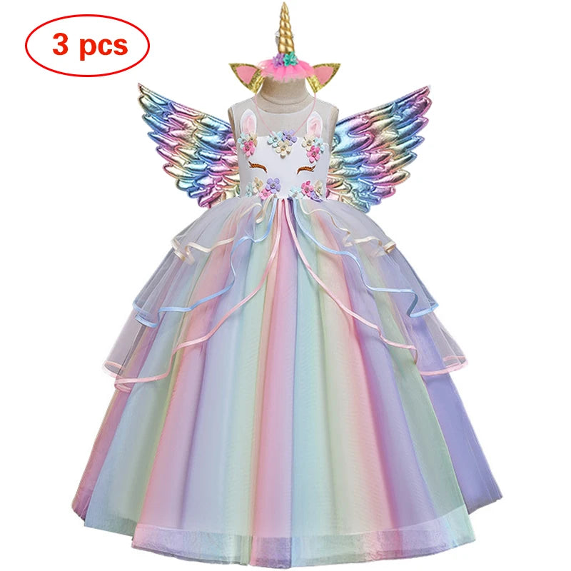 Girls' Unicorn Printed Lace Panel Birthday Party Dresses