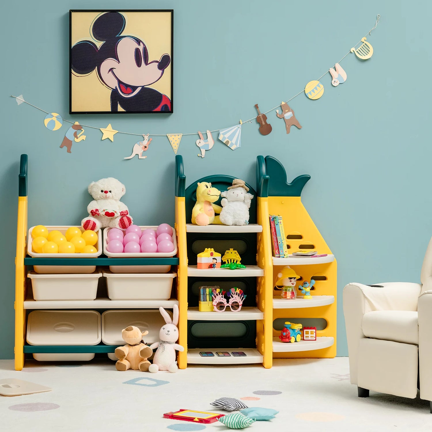 3-in-1 Kids Toy Storage Cabinet w/ Plastic Bins