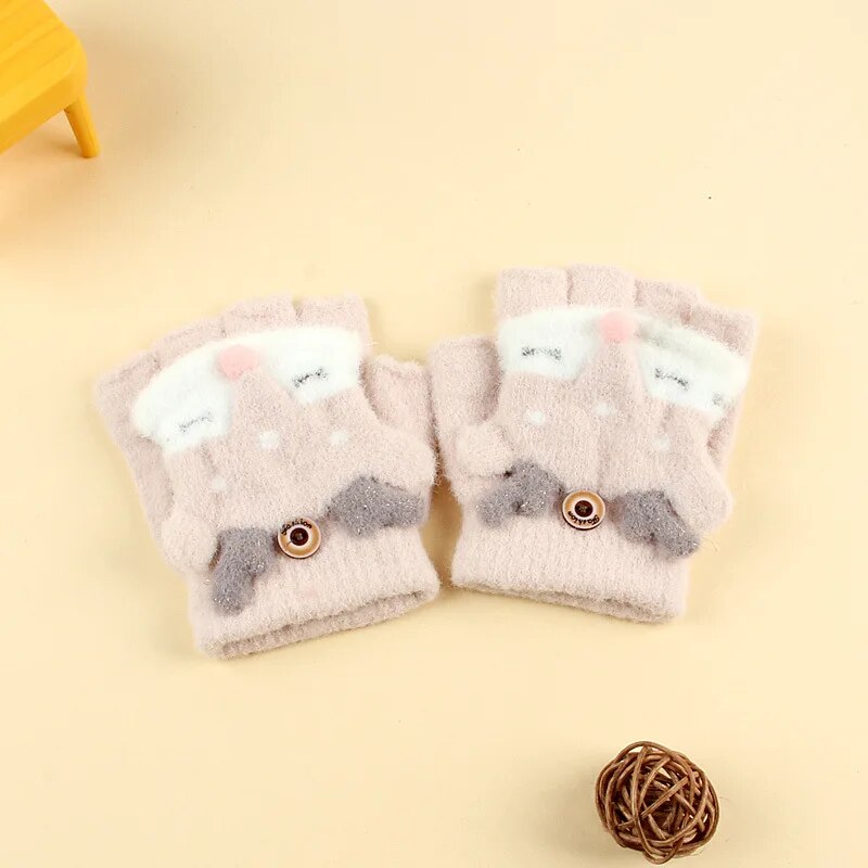 Kids Cartoon Design Furry Coral Fleece Short Gloves Mittens childrensterritory