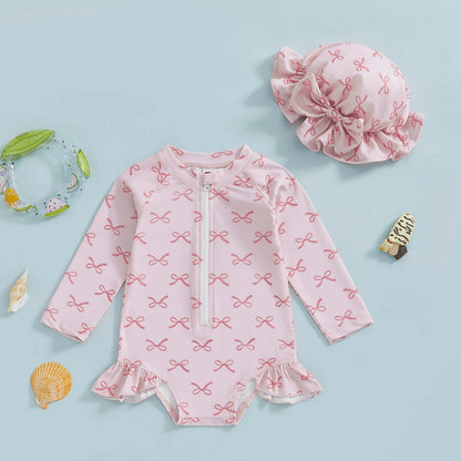 Kid Girl Long Sleeve O-Neck Zipper Swimwear in 2 Styles