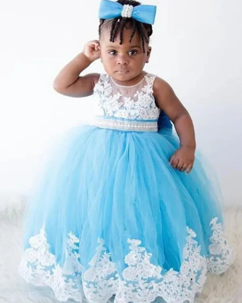White Lace Design with Crystals Belt Birthday Party Gown for Girls childrensterritory