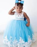 White Lace Design with Crystals Belt Birthday Party Gown for Girls childrensterritory