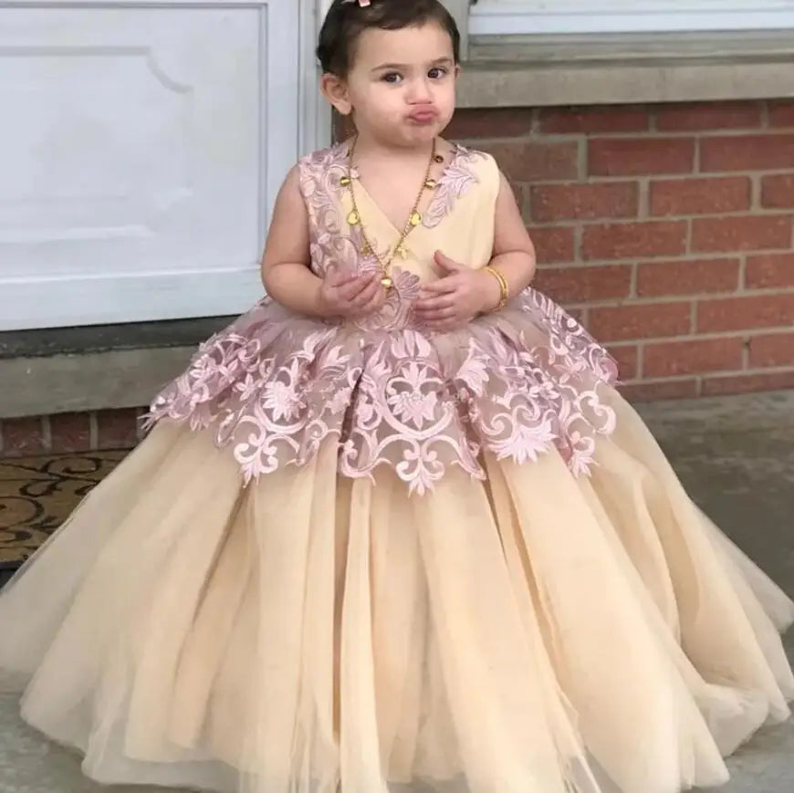 Lace Appliques V-Neck Puffy Tutu Princess Party Dress for Little Girls