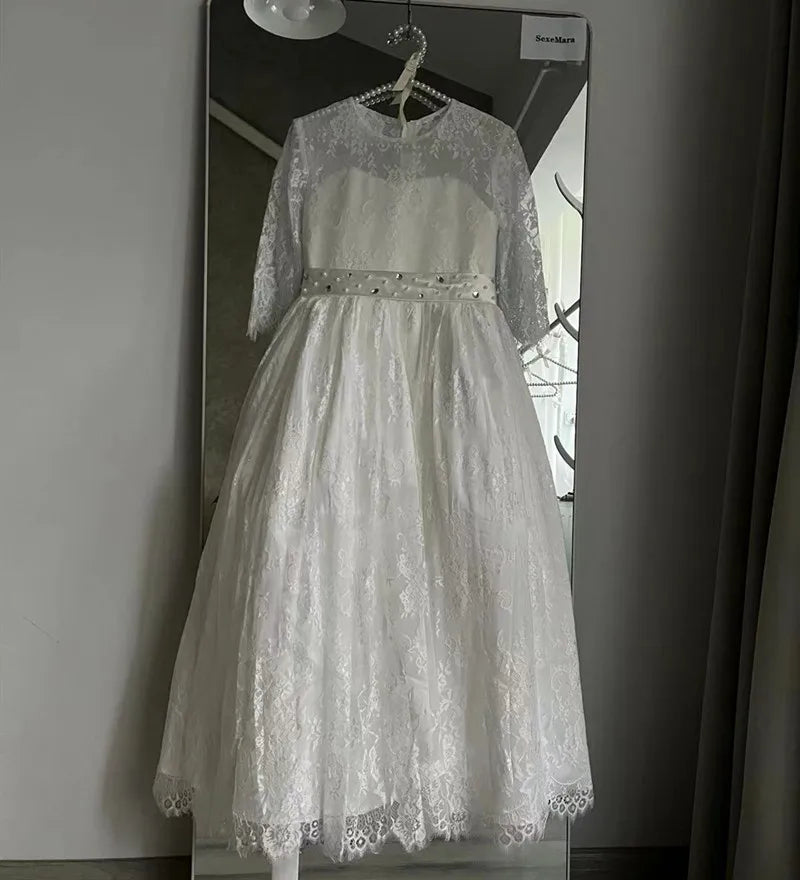 Girls A-Line O Neck Half Sleeves Long Weddings/Communion Gowns childrensterritory