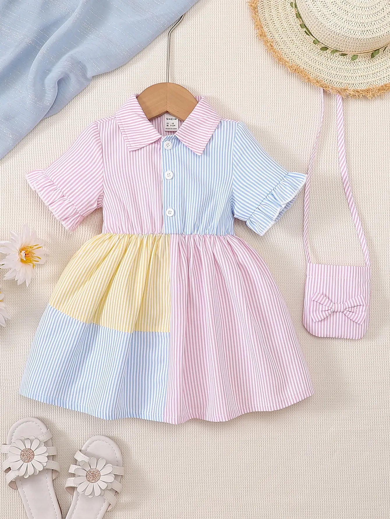 Little Girls Flared Sleeves Button Closure Dress with Sling Bag