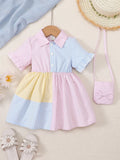 Little Girls Flared Sleeves Button Closure Dress with Sling Bag