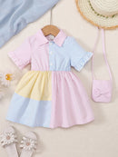 Little Girls Flared Sleeves Button Closure Dress with Sling Bag