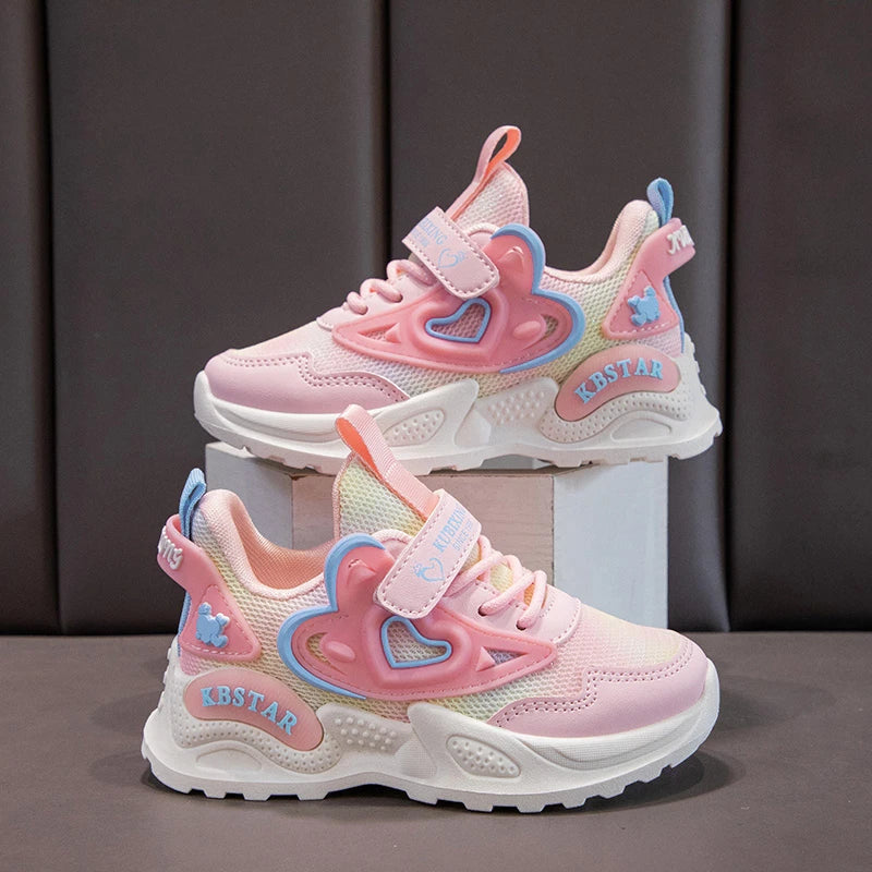 Heart-shaped Breathable Mesh Kids Girls Pink Sports Shoes