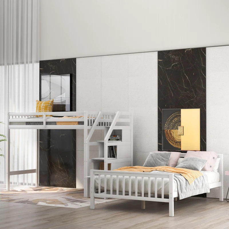 L-Shaped Twin-Over Bunk Bed with Ladder and 3 Storage Grids childrensterritory