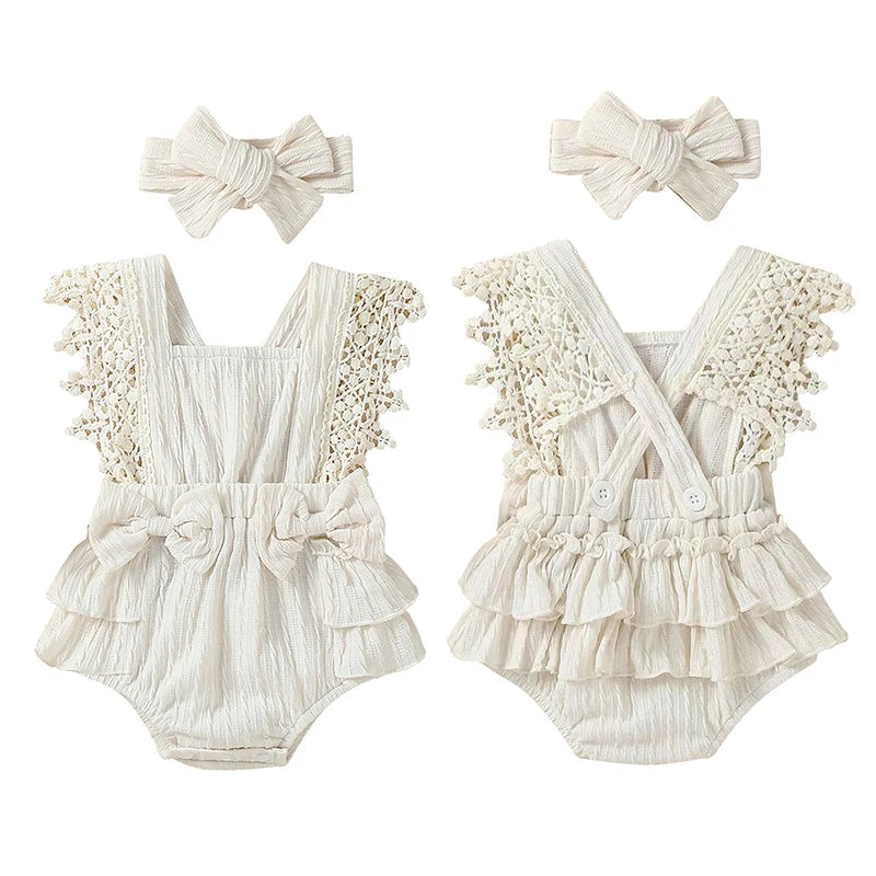 Baby Girl Cotton Linen Bow-knot Sleeveless Romper