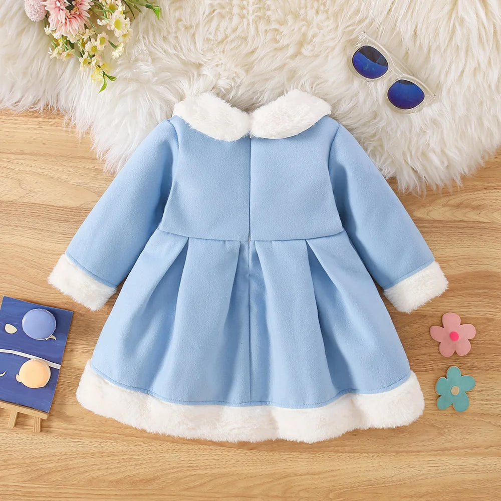 Girls' Furry Collar Ribbon Design Winter Dresses