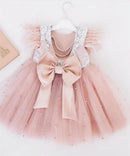 Little Girls Pink Tulle Tiered Gown for Birthday, Wedding, Baptism childrensterritory