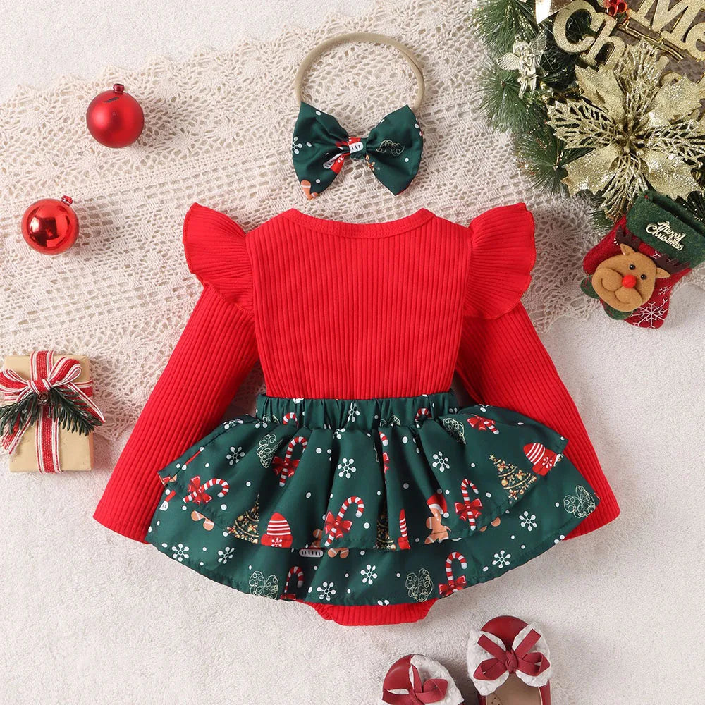 Long-Sleeve Bow Design Christmas Outfit For Baby Girls