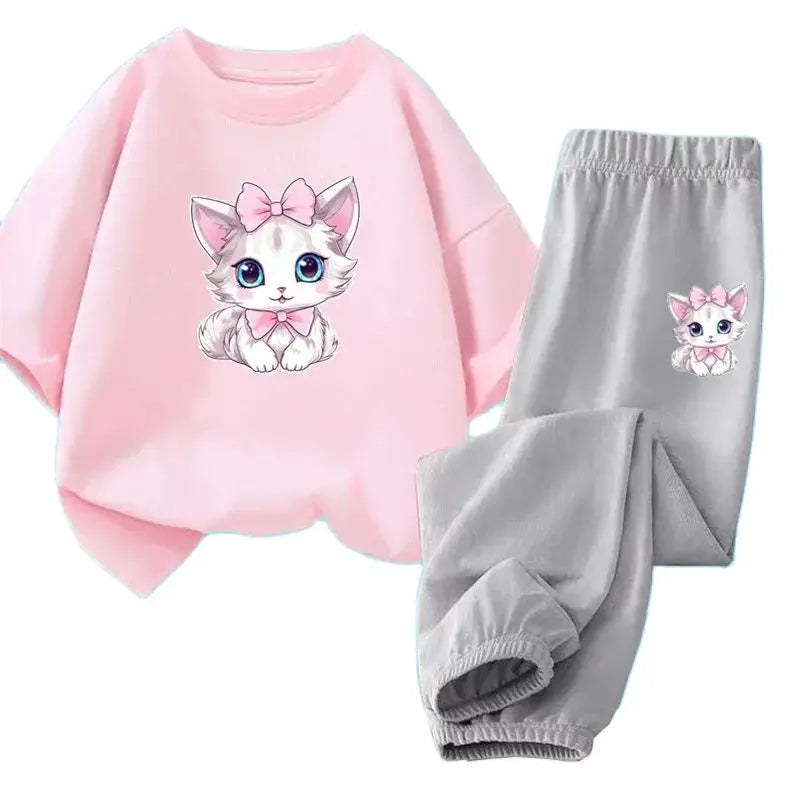 2pcs Kids Girls Cute Cartoon Print T-shirts + Pants Summer Outfit childrensterritory