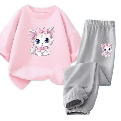 2pcs Kids Girls Cute Cartoon Print T-shirts + Pants Summer Outfit childrensterritory