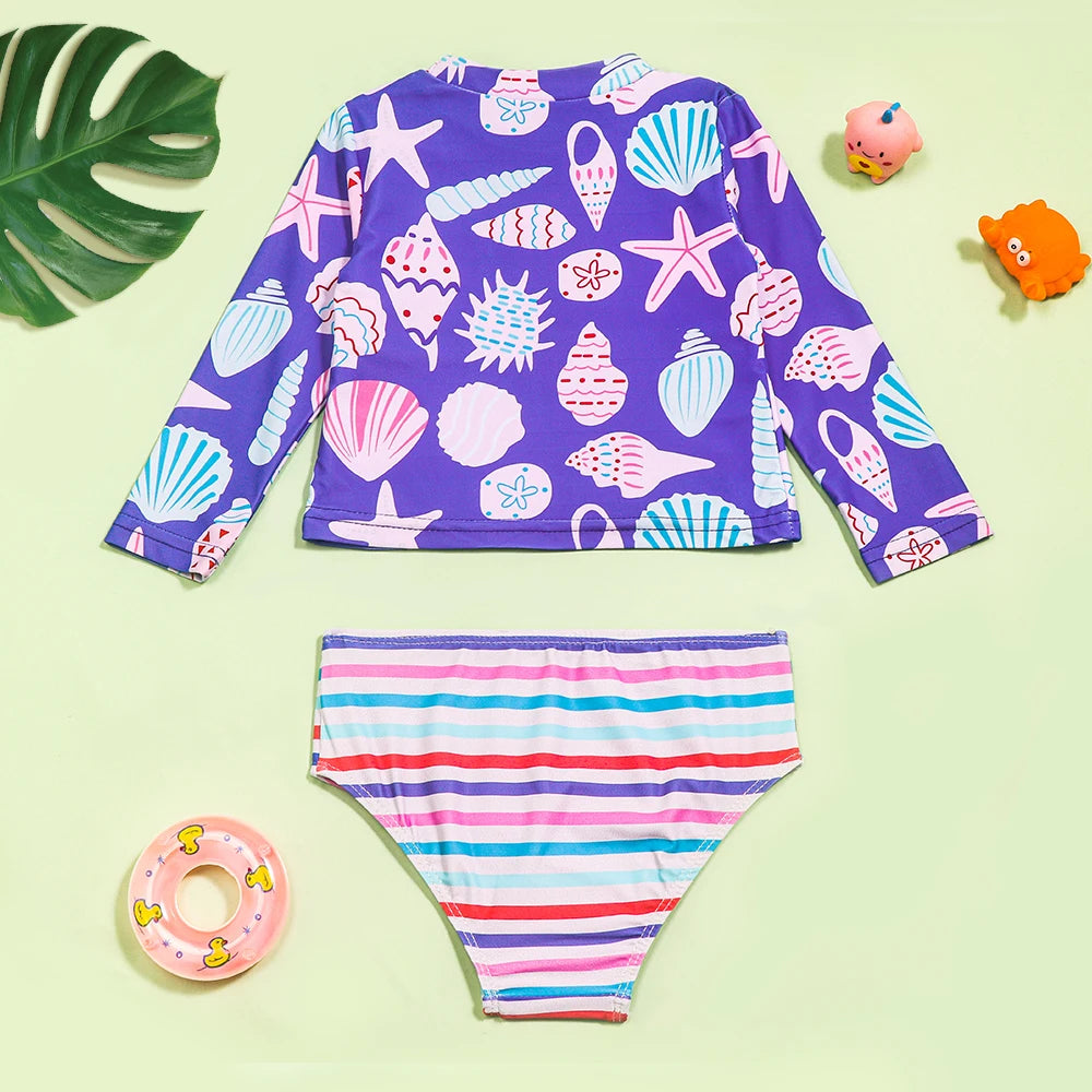 High-Quality Shell-Pattern Striped Swimsuit for Girls childrensterritory