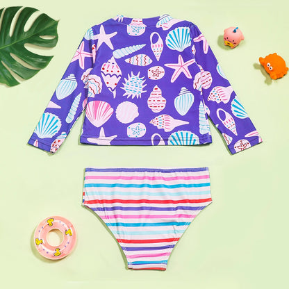 High-Quality Shell-Pattern Striped Swimsuit for Girls childrensterritory