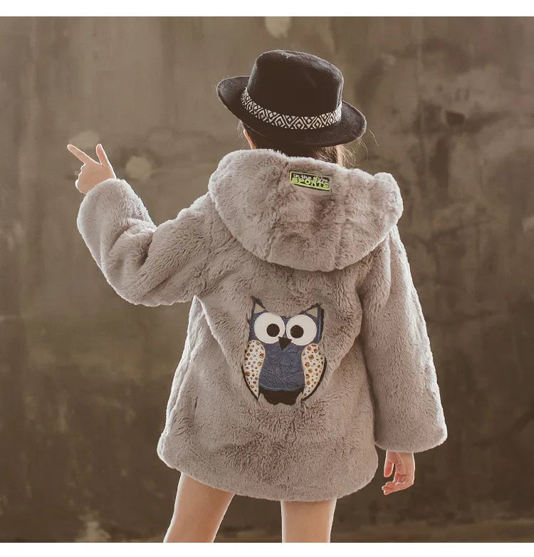 Faux Fur Long Sleeve Hooded Warm Long Coat For Girls childrensterritory