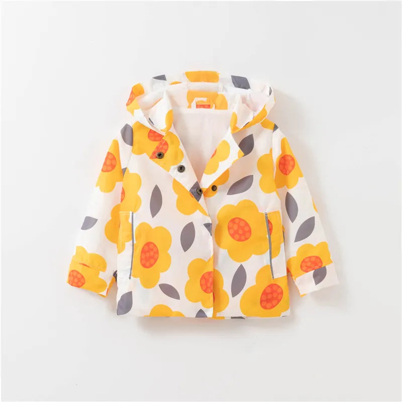 Kids Girl Flowers Cartoon Print Hooded Jackets Windbreaker childrensterritory