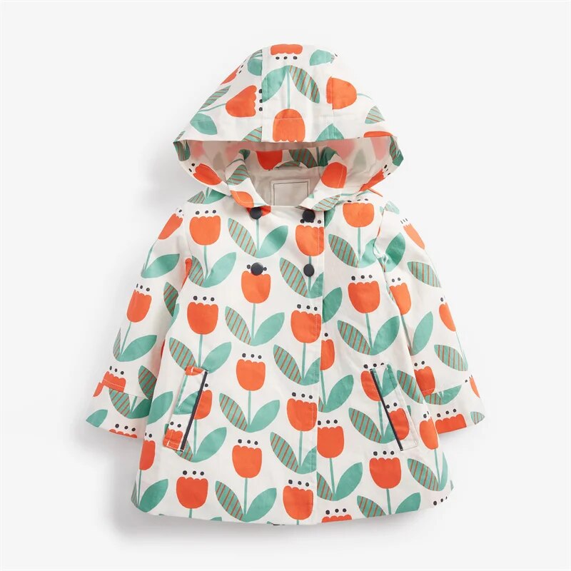 Kids Girl Flowers Cartoon Print Hooded Jackets Windbreaker childrensterritory
