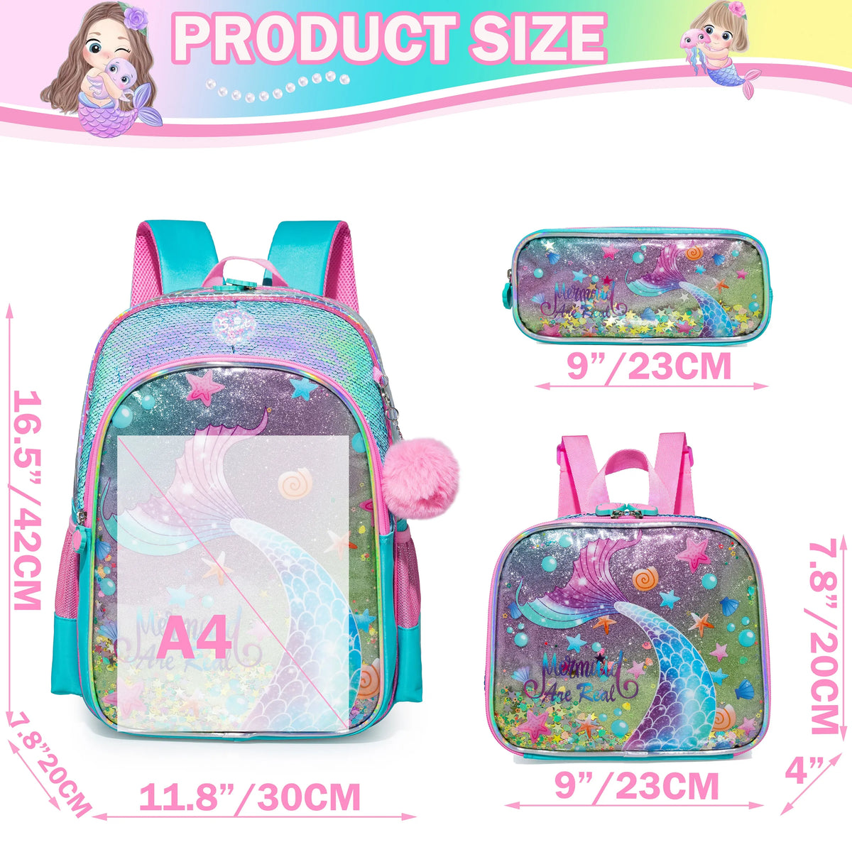 Kids Girls Full Size School Backpack with lunch box childrensterritory
