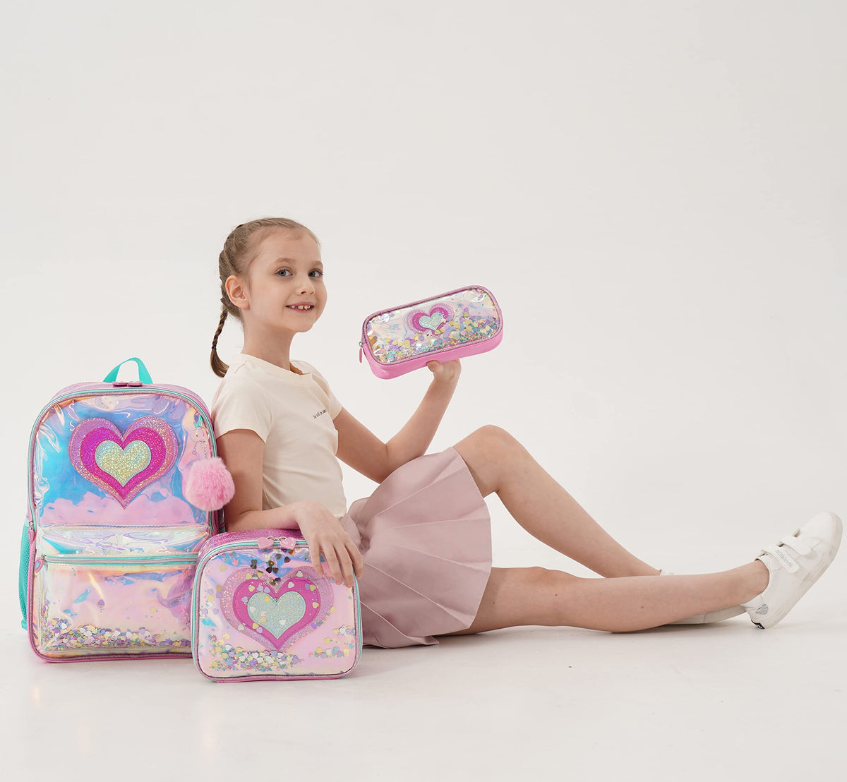 Sequin Heart and Star Design School Backpack Set for Girls childrensterritory