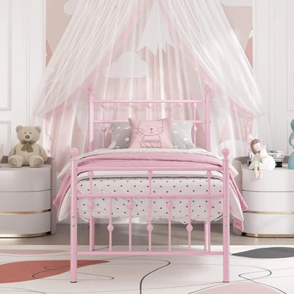 Twin Size Pink Metal Bed Frame with Headboard childrensterritory