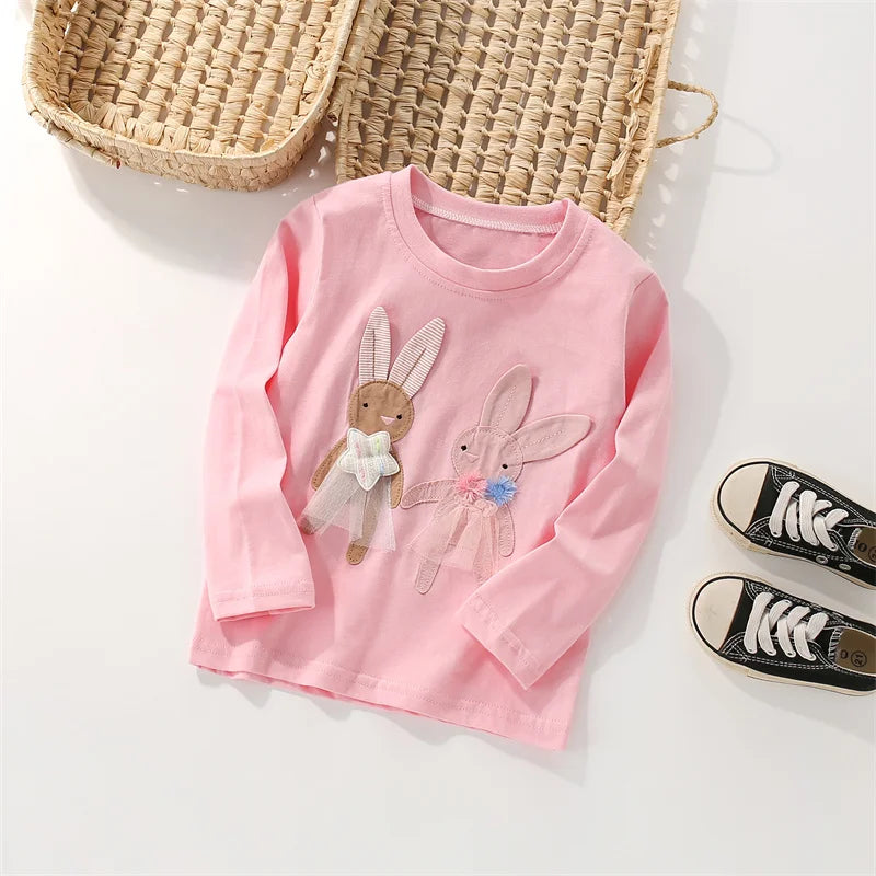 Bunny Applique Design Long Sleeve Girls T Shirts