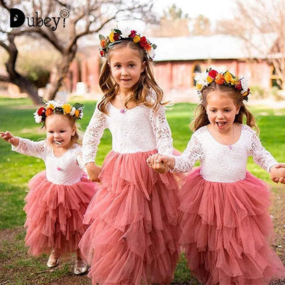 Kids Girls Lace Flower Design Layered Birthday Party Dress